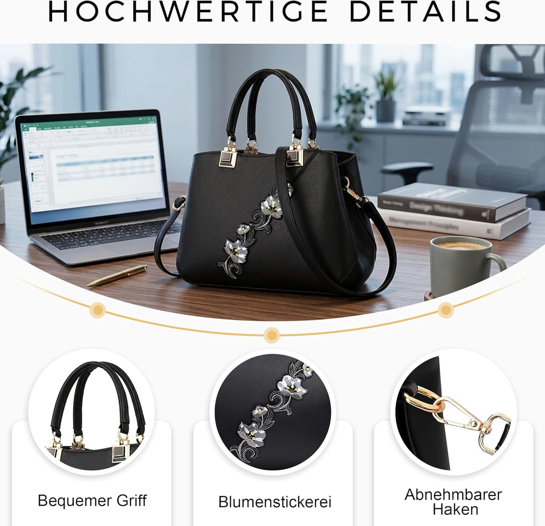 VARLIVOO Handtasche Damen Mittelgross Elegant Taschen mit Blumenstickerei Leader PU Henkeltasche Fra