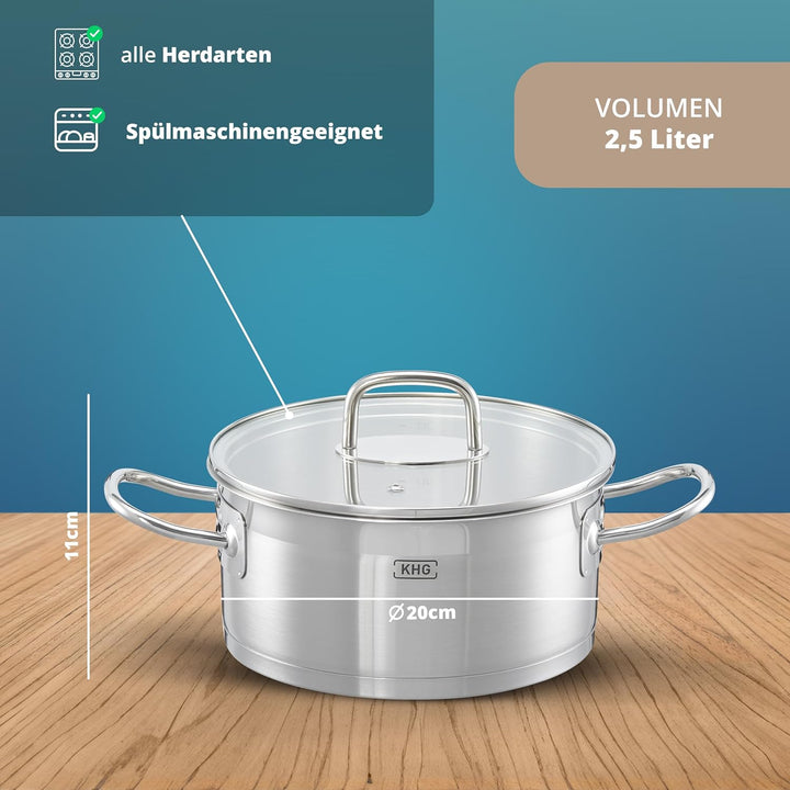 KHG Topf Kochtopf Bratentopf 20 cm Induktion, Edelstahl unbeschichtet inkl. Glasdeckel | 9,5 cm hohe