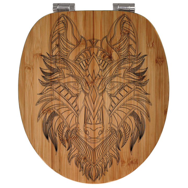 banjado® Hochwertig gravierter Design WC Sitz Bambus Absenkautomatik Wolf/Toilettendeckel mit Absenk