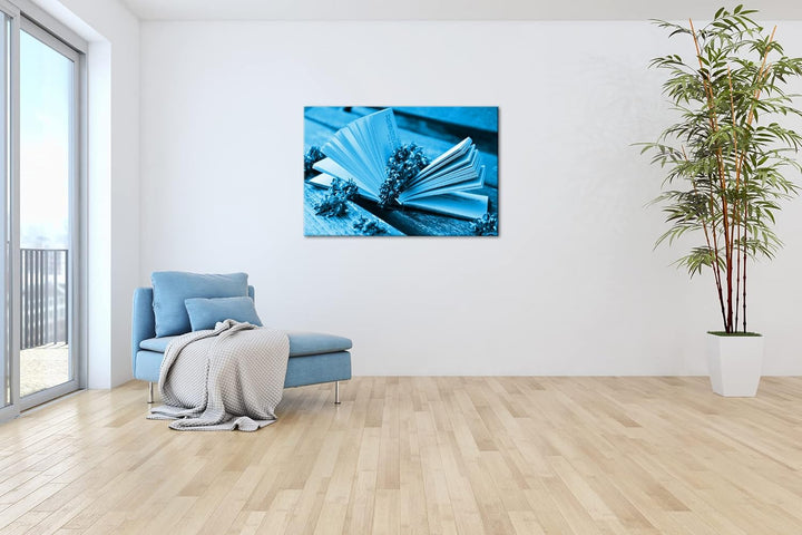 deyoli Aufgeschlagenes Buch mit Fliederzweigen Format 100x70 Effekt: Monocrome Blau als Leinwandbild