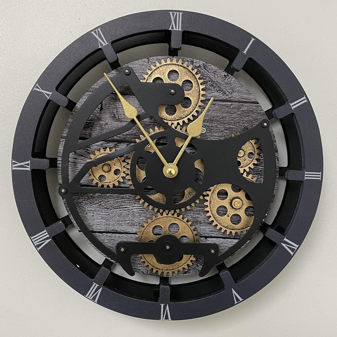 Tischuhr 25,4 cm mit echten beweglichen Zahnrädern umwandelbar in Wanduhr (Carbongrau)