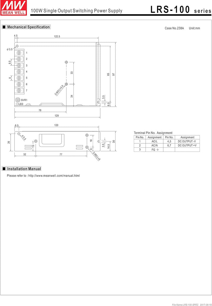 Mean Well LRS-100-12 AC/DC-Netzteilbaustein, geschlossen 8.5A 102W 12 V/DC
