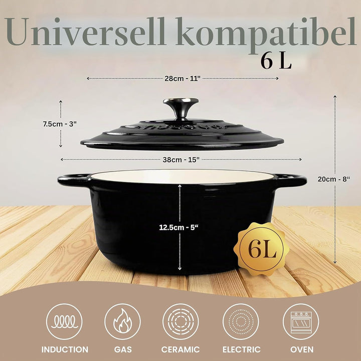 Gusseisen Dutch Oven mit Deckel – Emaille-Schmortopf mit Antihaft, Ofenfest – Schwarz, 6.1 Liter, 28