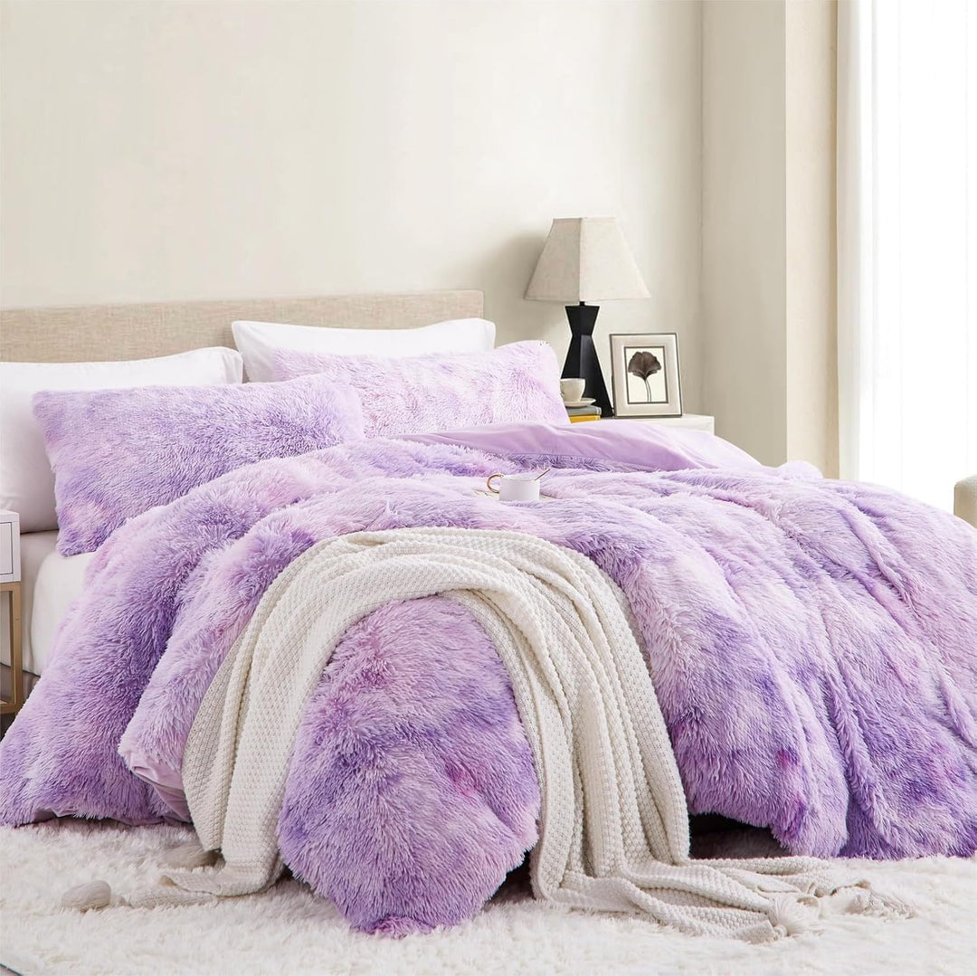 Freyamy Plüsch Bettwäsche 155x220cm Violett Langhaar Flauschig Warm Winterbettwäsche Flanell Samt Bi