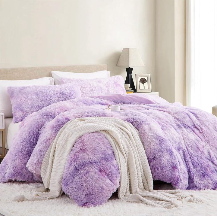 Freyamy Plüsch Bettwäsche 155x220cm Violett Langhaar Flauschig Warm Winterbettwäsche Flanell Samt Bi