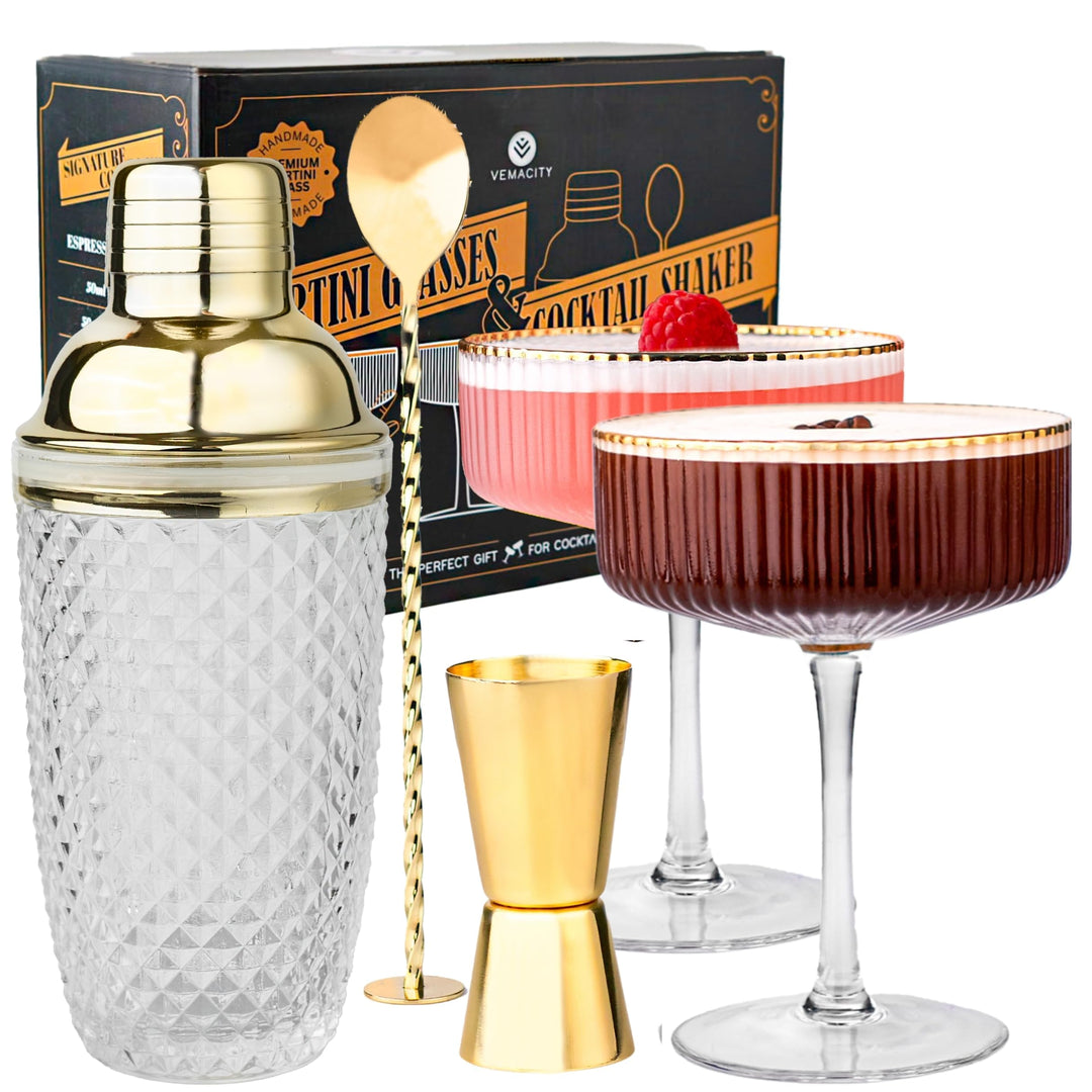 Vemacity Cocktail Set - Glas Cocktail Shaker mit Sieb 450ml | Ink. 2 x Martini Gläser mit Goldrand G