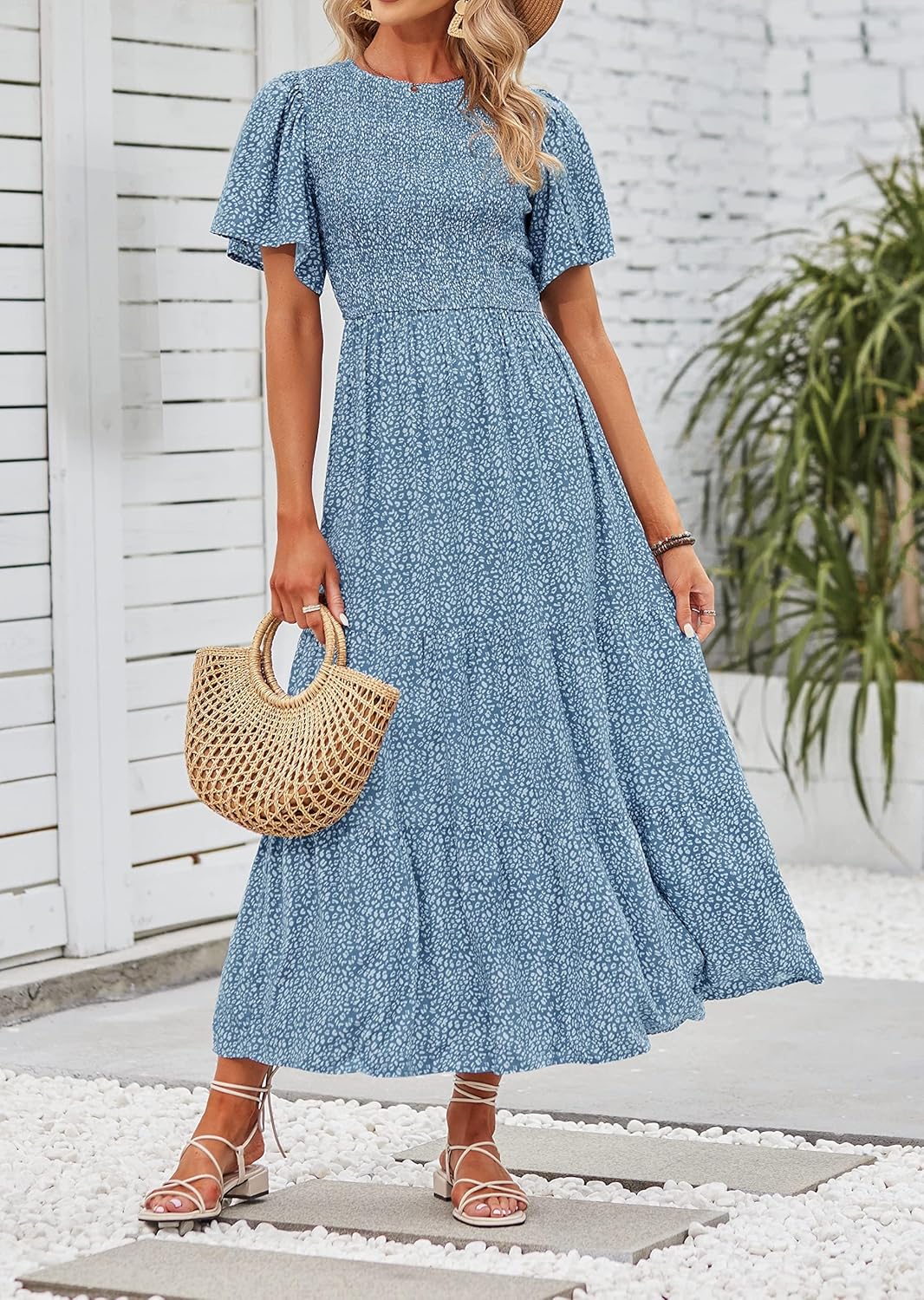 Zesica Damen-Maxikleid, Sommer, lässig, Blumendruck, kurze Flatterärmel, Rundhalsausschnitt, gesmokt
