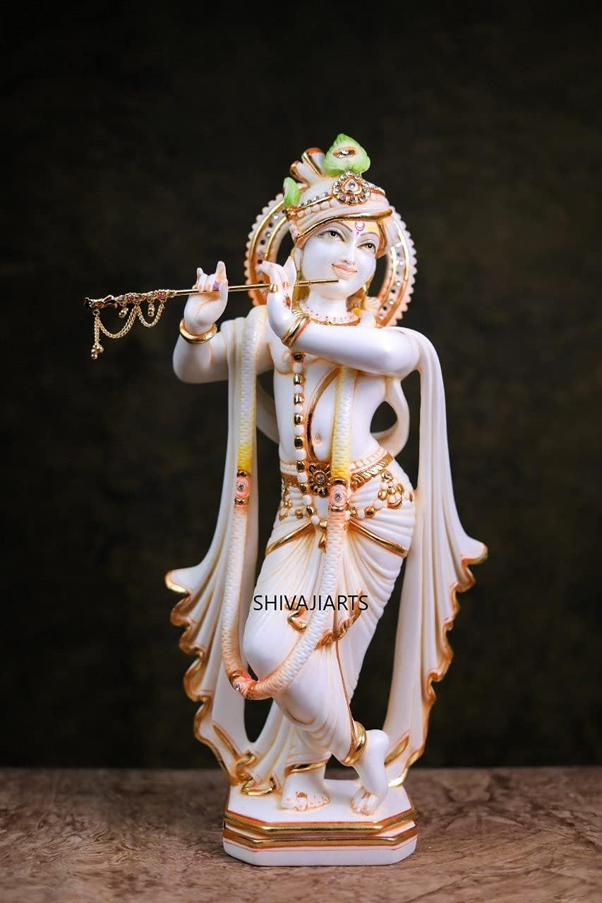 Krishna-Statue – 43,2 cm stehender Marmor-Lord Krishna Murti, Spielflöte Hase, Krishna Idol Hindu-Go