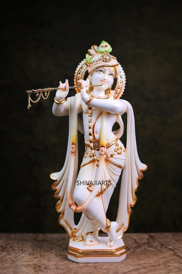 Krishna-Statue – 43,2 cm stehender Marmor-Lord Krishna Murti, Spielflöte Hase, Krishna Idol Hindu-Go