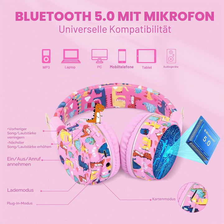 JYPS Bluetooth Kopfhörer Kinder, Dinosaurier Kopfhörer Kabellos Kinder mit Kabel und Mikrofon, Kids