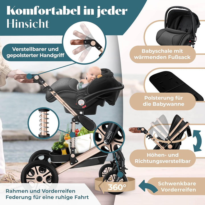 KESSER® Loops 4 in 1 Kinderwagen Kombikinderwagen Komplett-Set inkl. Babywanne & Buggy Sportsitz & A