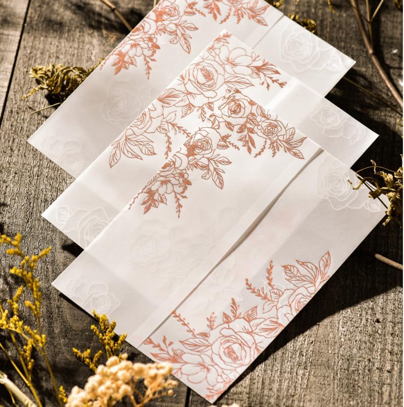 Puremigo 50 Stück vorgefaltete Pergamentumhüllen für 12,7 x 17,8 cm Einladungen – Rotgoldfolienmuste