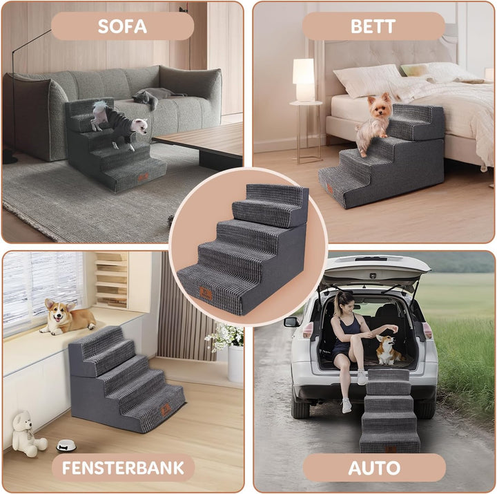 Sytopia Hundetreppe Grosse Hunde 5 Stufen Hoch, Hundetreppe für Bett 60cm, Haustiertreppe waschbar,