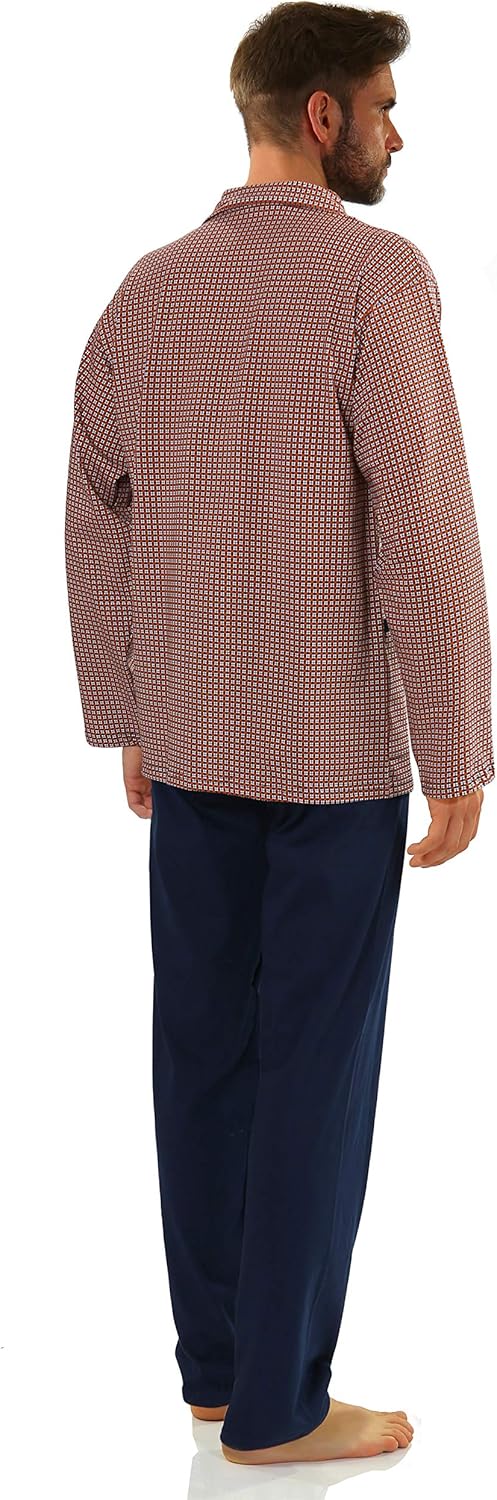 sesto senso Herren Pyjama mit Knopfleiste Lang Baumwolle Schlafanzug Knöpfen L T-shirt - Muster Brau