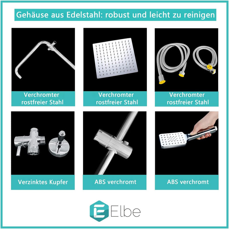 ELBE® Duschsystem aus Edelstahl ohne Armatur, mit quadratischem Duschkopf 20 cm Eckig,