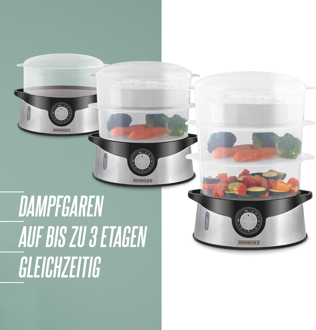 HEINRICHS Dampfgarer,3-Schicht stapelbare Etagen Schalen, BPA-frei, Spülmaschinenfest, 9Liter Fassun