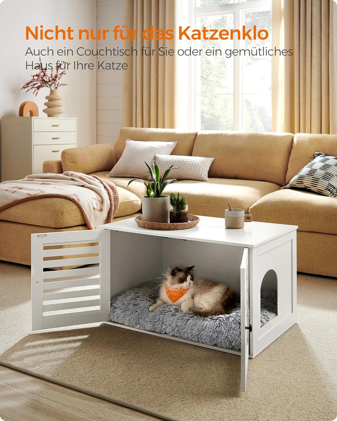 Feandrea Katzenklo-Schrank, Katzenhaus mit herausnehmbarer Trennwand, 2 Lamellentüren, Katzentoilett