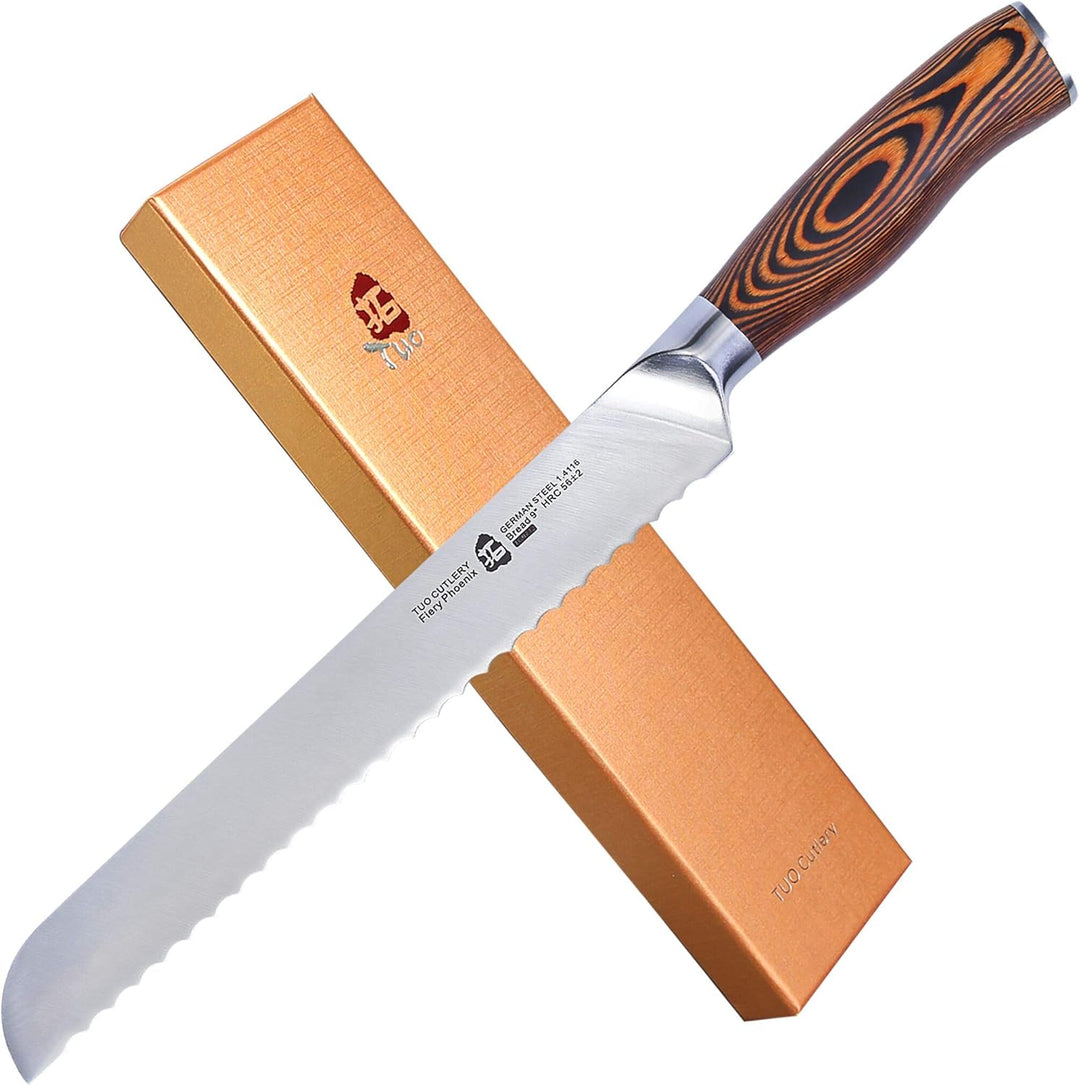 TUO Brotmesser mit Wellenschliff Klingenlänge 23cm, Scharfes Brotschneidemesser aus Deutschem Edelst