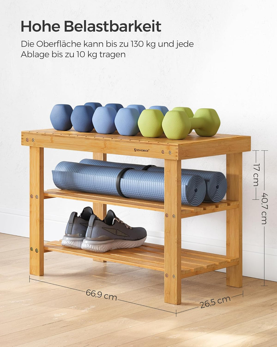 SONGMICS Schuhregal, Schuhschrank mit Sitzbank, Bambus Schuhbank mit 3 Ablagen, 70 x 28 x 45 cm idea