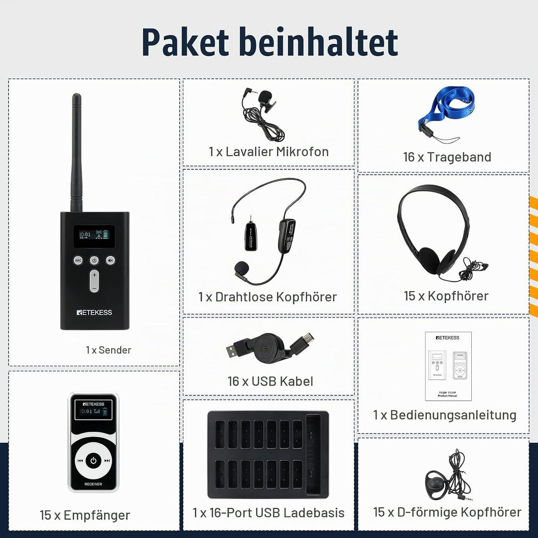 Retekess T130P (T130 3rd) Kabelloses Tour Guide System-Headsets, Verbesserte Geräuschreduzierung, 16