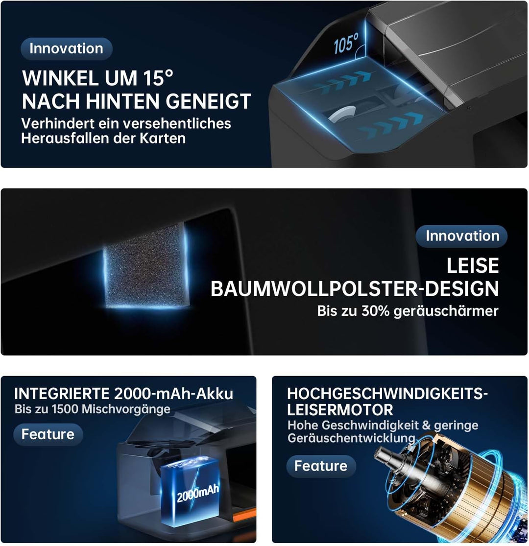 QUICARD Geräuscharmer und wiederaufladbarer Kartenmischer für 2 Kartensätze, 2000 mAh, automatischer