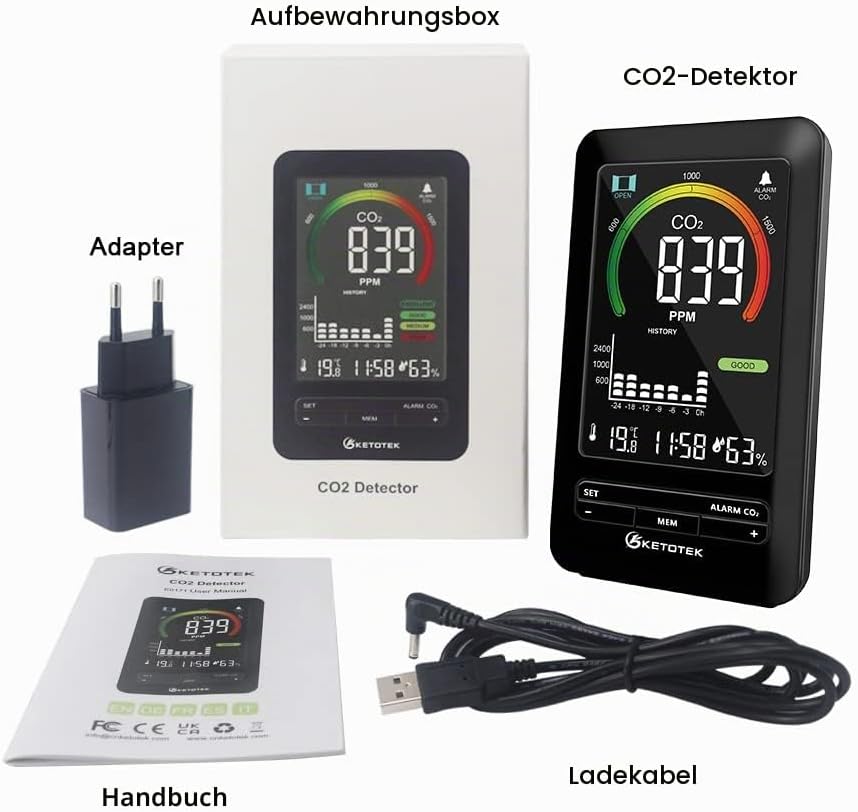 KETOTEK CO2 Messgerät, CO2 Melder Raumluft, Luftqualität Messgerät mit Alarm und Lüftungsempfehlunge