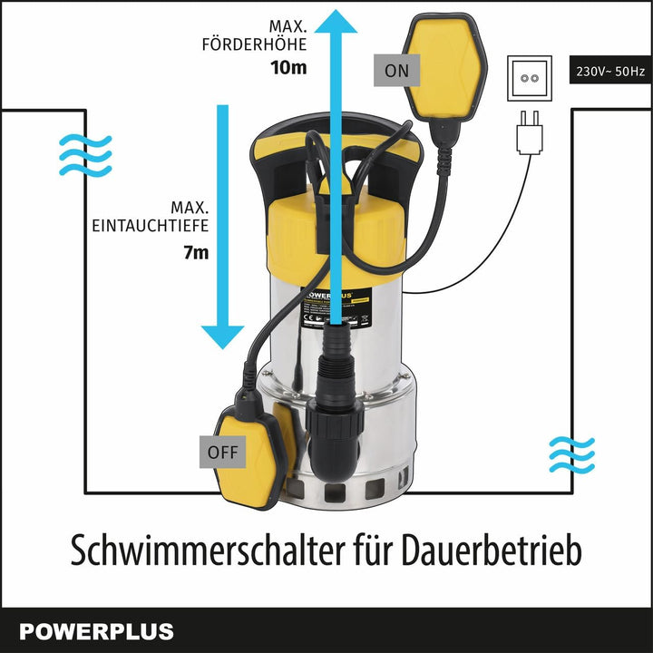 Powerplus Elektrische Wasserpumpe POWXG9537-1100 W Unterwasserpumpe, Maximaltemperatur 35°C und Förd