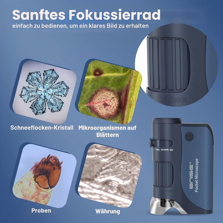 Taschenmikroskop 60-120-facher Zoom mit LED, Handmikroskope für Kinder, Tragbares Mini-Mikroskop mit