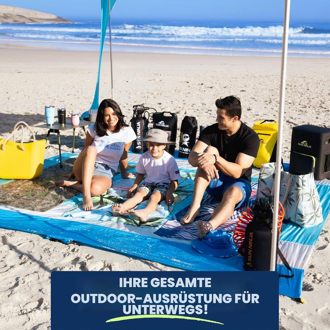 SUN NINJA Strandzelt, Sonnensegel LSF 50+, mit Sandschaufel, Heringen und Stabilitätsstangen, Schatt