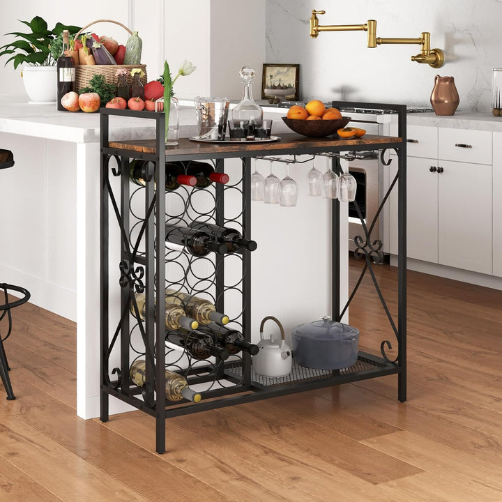 GOPLUS Weinregal für 21 Flaschen, Flaschenregal mit Weinglashalter für 6 Gläser &amp; Gitterregal, freis
