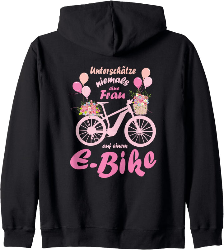 Damen Unterschätze niemals eine Frau auf einem E-Bike Rad Kapuzenjacke