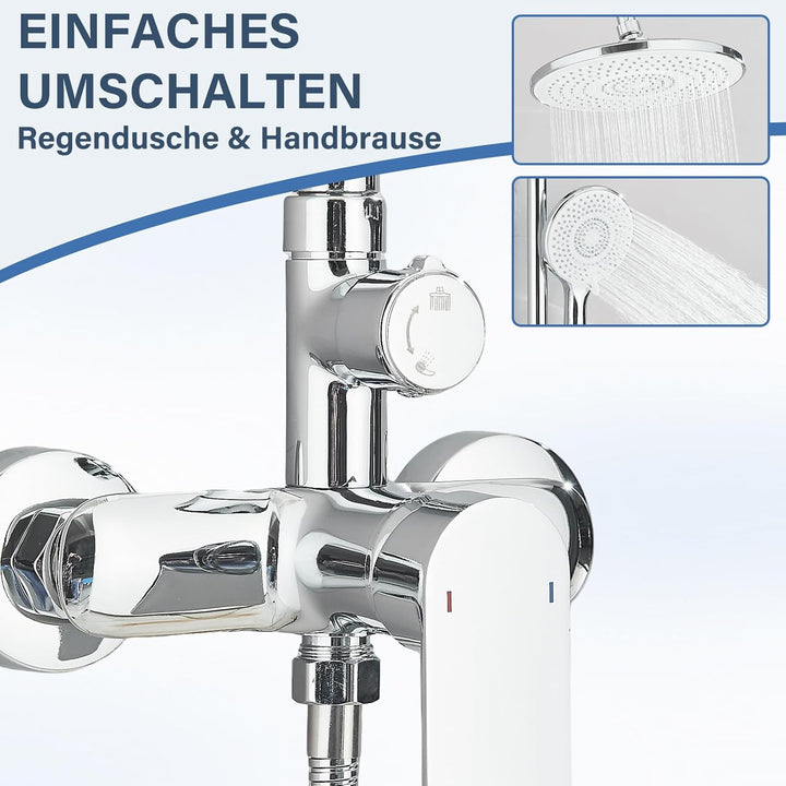HUAHOMDY Duschsystem mit Armatur with 25 cm Rund Regendusche und 3 Strahlarten Duschkopf Komplettset