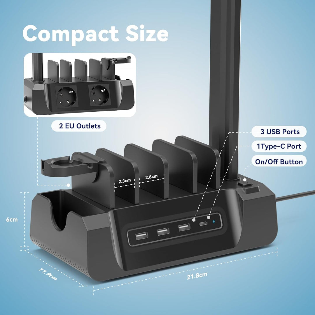 KDD Ladestation für Mehrere Geräte mit 6 Port – 6 in 1 Handy Ladestation mit Kopfhörer & Uhrenhalter