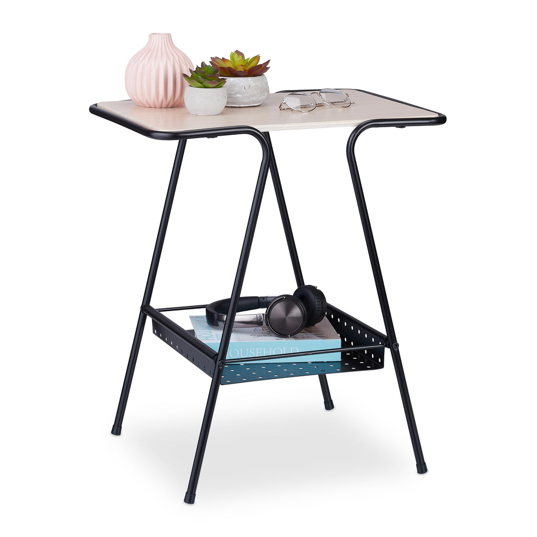 Relaxdays Beistelltisch mit Magazinablage, Metall, MDF, Tischplatte in Holzoptik, Beitisch HBT 55x45