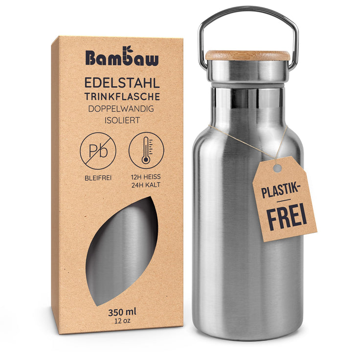 Bambaw Edelstahl Trinkflasche 350 ml | Isolierte Thermosflasche für Sport, Büro, Schule, Outdoor | A