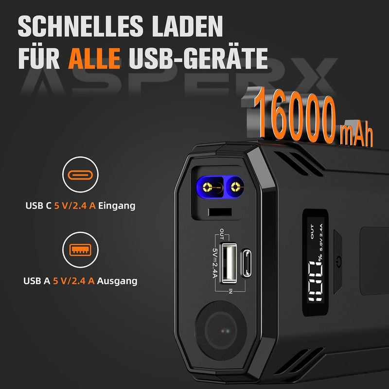 ASPERX Starthilfe Powerbank 4000A, Tragbare Auto Starthilfe für 12V-Fahrzeuge (bis zu Alle Benzin od