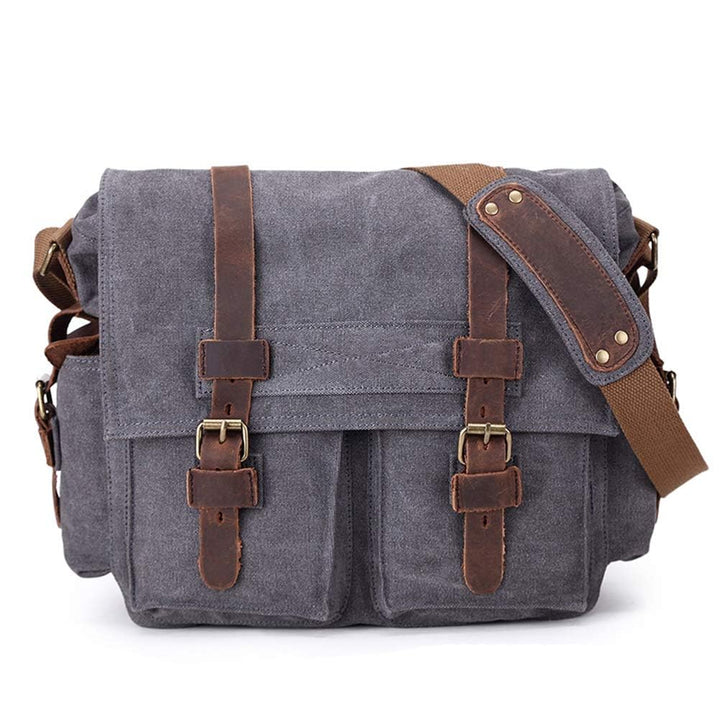 Sechunk Vintage Militär Leder Umhängetasche Canvas Laptop Tasche Retro Messenger Taschen Medium--15‘