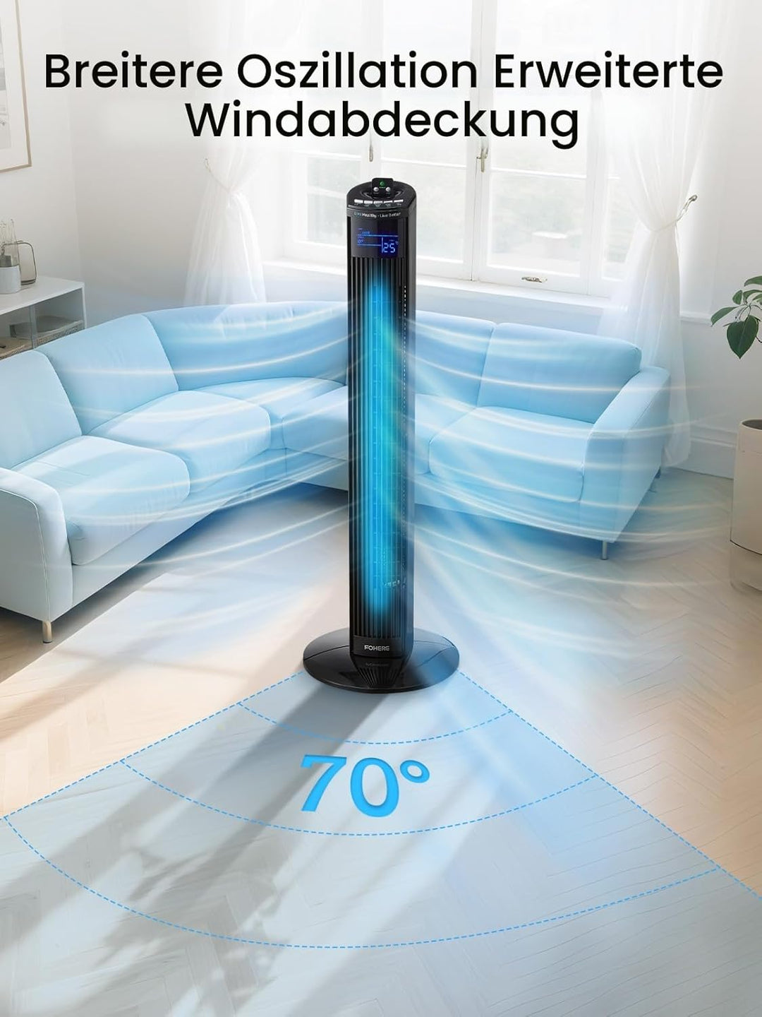 FOHERE Leiser Turmventilator, 91CM Oszillierender Stand Ventilator mit Kühlung Fernbedienung, 12-Stu