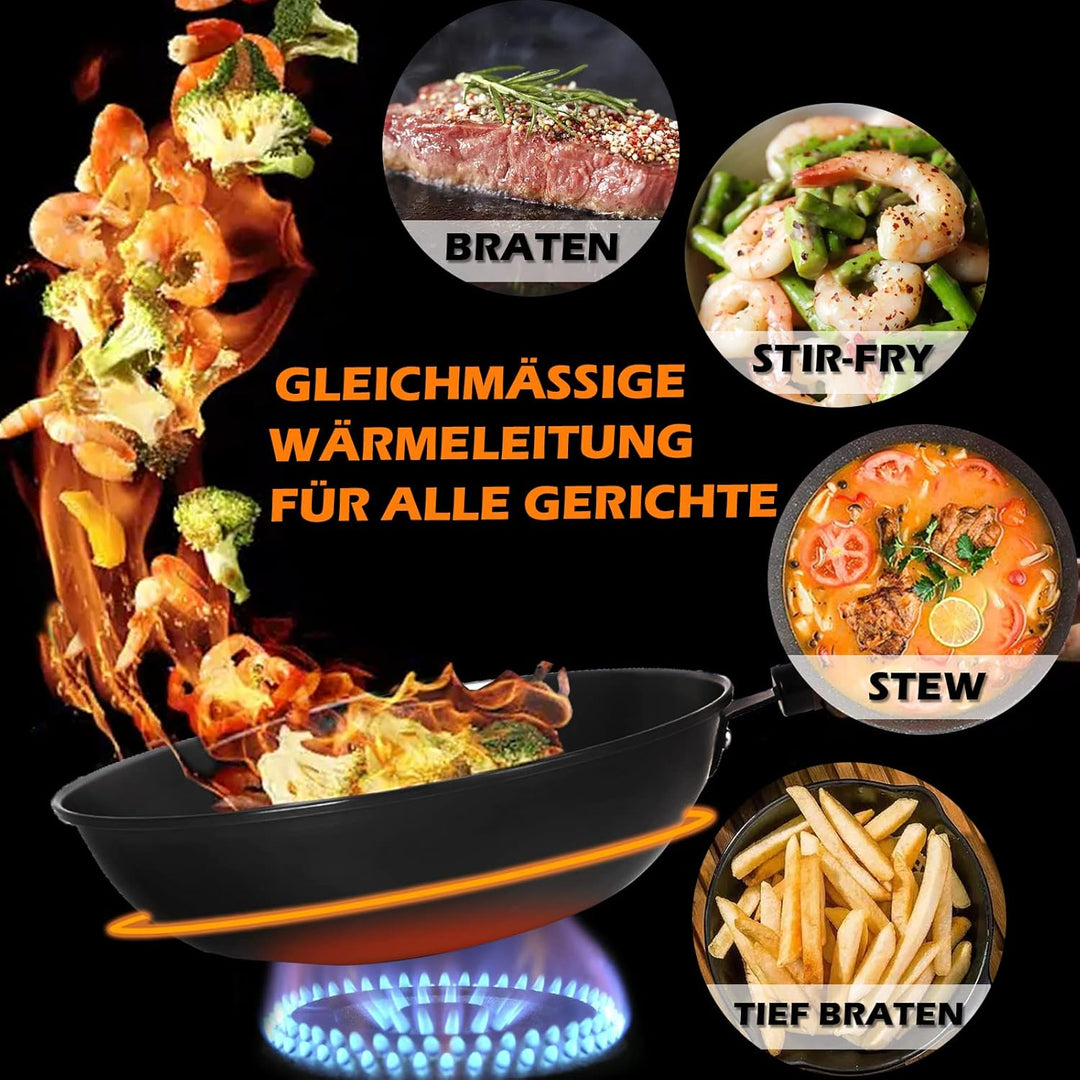 Wokpfanne mit Deckel, 33cm Wok Pfanne aus Karbonstahl zum Rühren und Braten mit Holzspatel, Wok aus