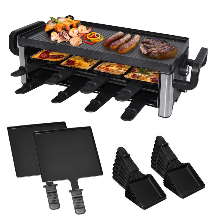 Syntrox Raclette Grill 16 Personen mit Pizzagrill, 16 Pfännchen Emailliert, Edelstahl Tischgrill für