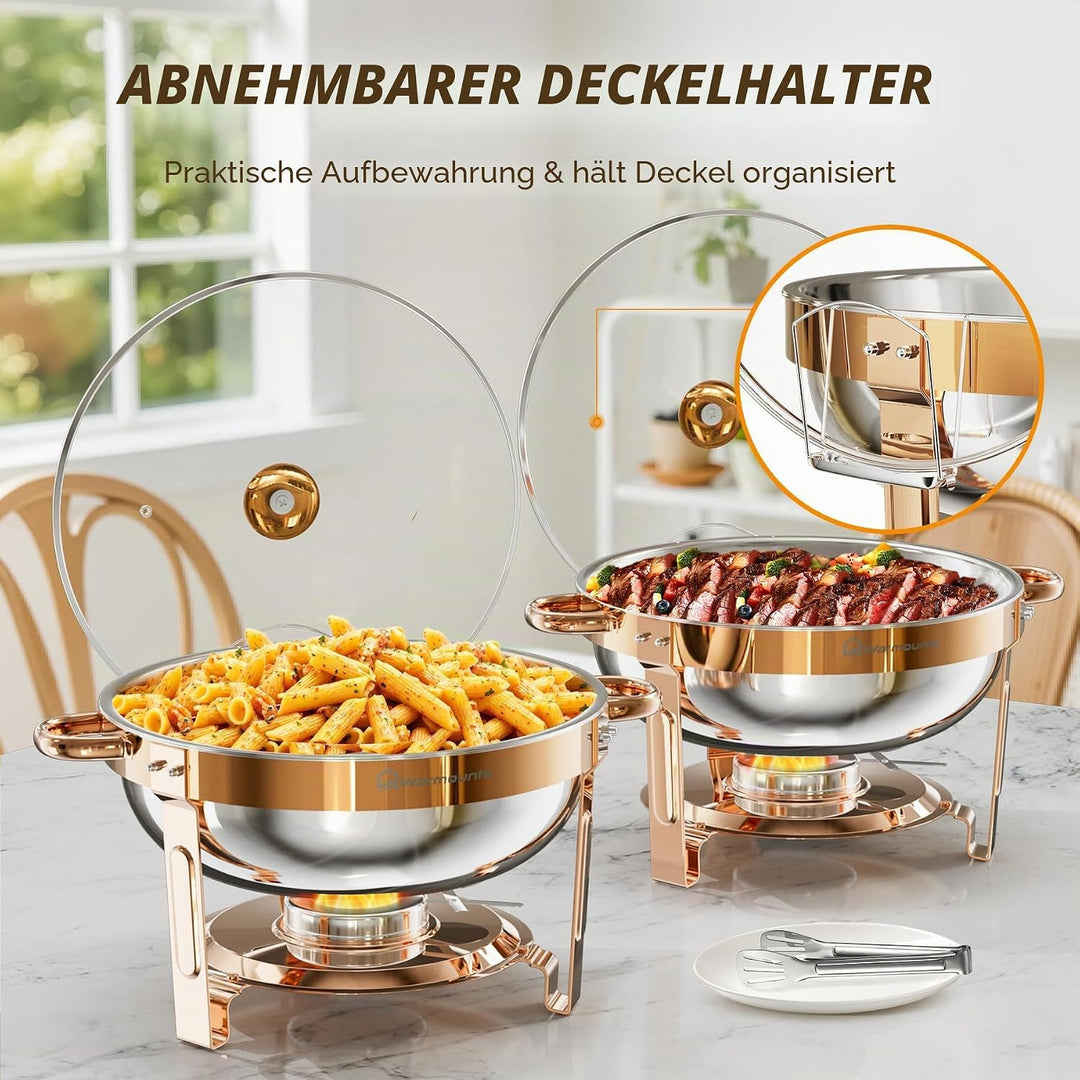 WARMOUNTS Rose Gold Chafing Dish Buffet 5L 4er Set, Rund Speisenwärmer für Catering mit Glasdeckel &amp;