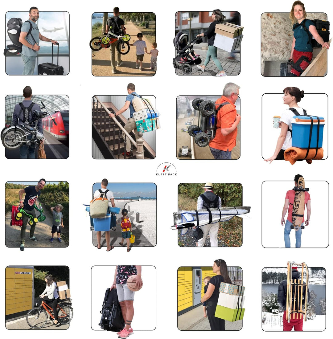 KLETTPACK® Rücken Tragegurt für Pakete, Hobby, Snowboard, Beruf &amp; Urlaub, kein unhandliches Schleppe