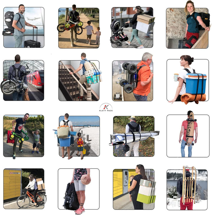 KLETTPACK® Rücken Tragegurt für Pakete, Hobby, Snowboard, Beruf &amp; Urlaub, kein unhandliches Schleppe