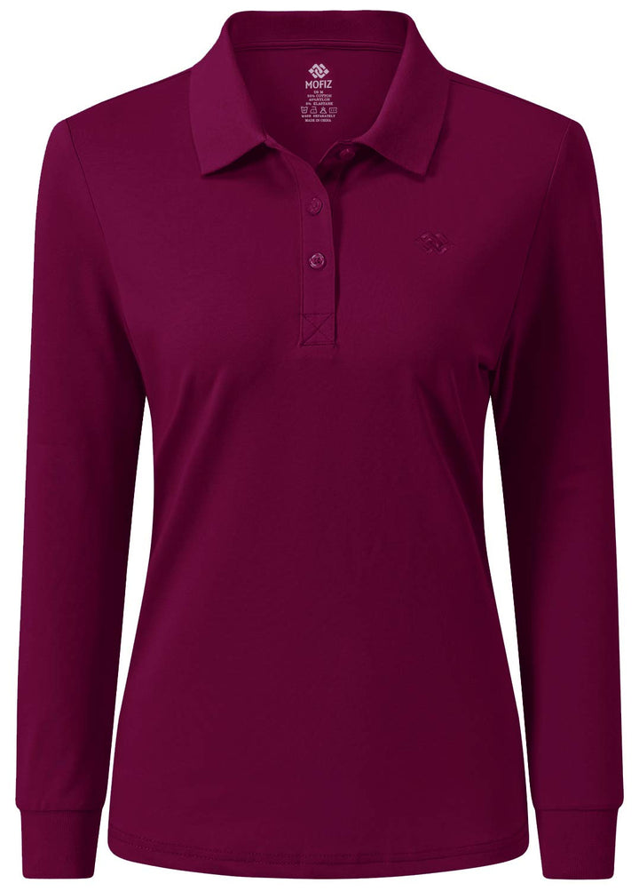 Damen Poloshirt Baumwolle Golf Wintershirt Langarm Oberteile Sports Training Polo mit Kragen Weinrot