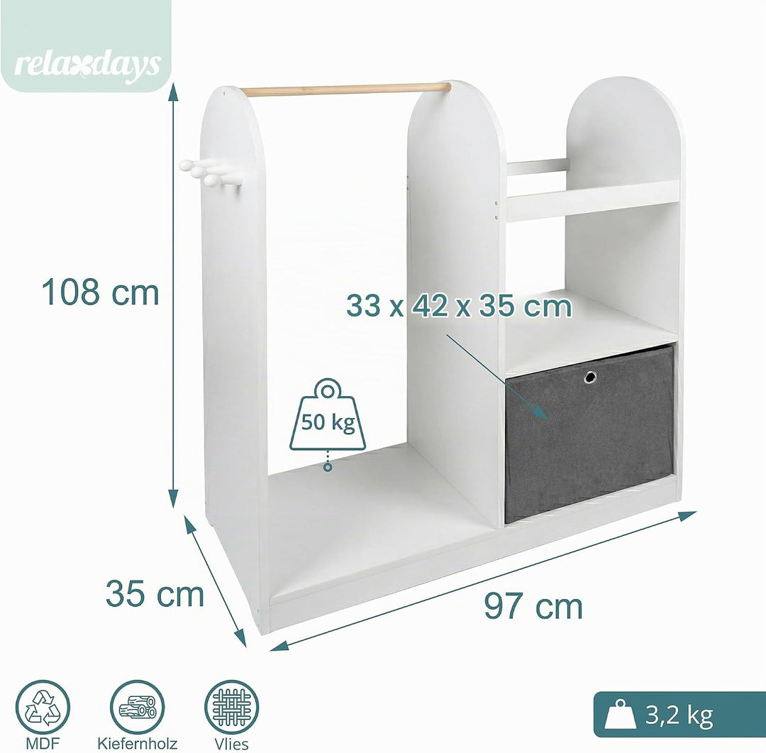 Relaxdays Kindergarderobe, 3 Haken, Kleiderstange &amp; Aufbewahrungsbox, HxBxT: 108 x 97 x 35 cm, Kinde