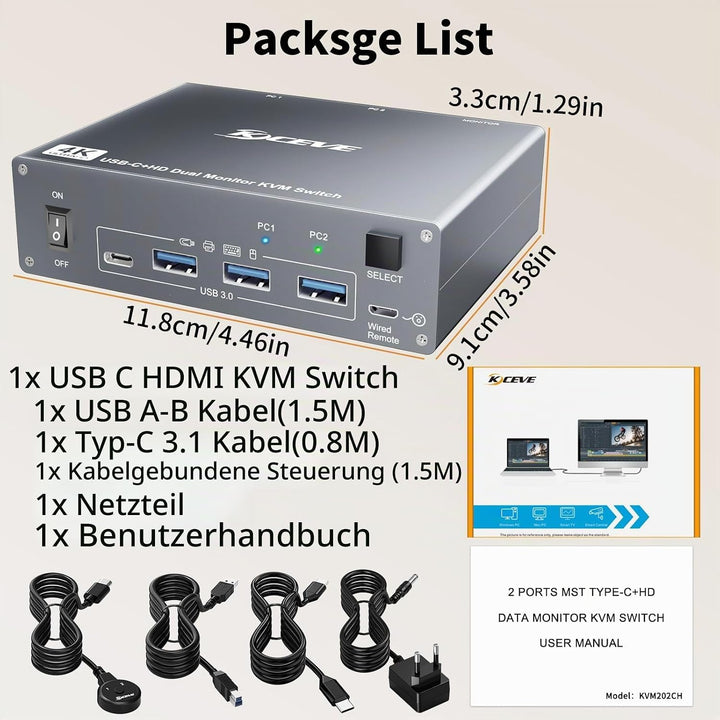 4K@60Hz USBC HDMI KVM Switch 2 PC 2 Monitore für 1 Laptop und 1 Desktop, Dual Monitor KVM Switch mit