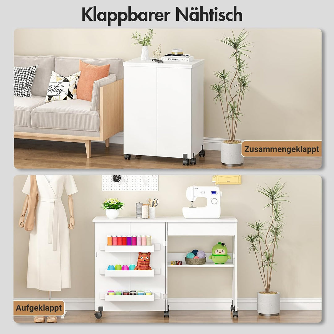 Nähtisch Klappbar, 2-in-1 Nähmaschinentisch, Nähmaschinenschrank mit Offenen Ablagefächern und Rolle