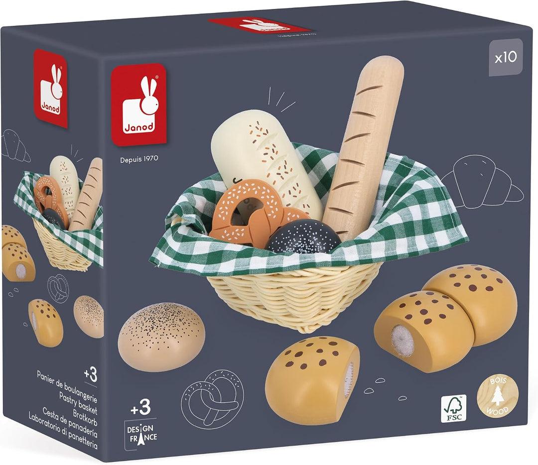 Janod - Holz Bäckereikorb - Viennoiseries Korb - 6 Realistische Dinette Zubehör - Ideale Ergänzung z