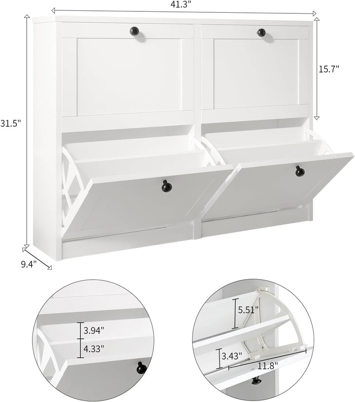 VOWNER Schuhschrank Schuhkipper Schmal 105x24x80cm (Weiss) | Schuhregal mit 4 Klappen, 8 Fächern, ve