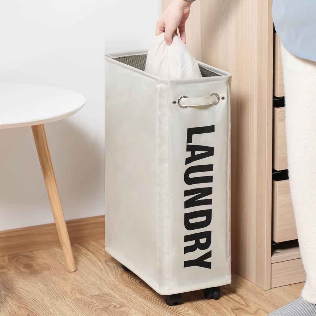 DOKEHOM 25-Inches Slim Wäschekorb auf Rollen, Zusammenklappbarer Rollender Wäschekorb, Faltbare schm